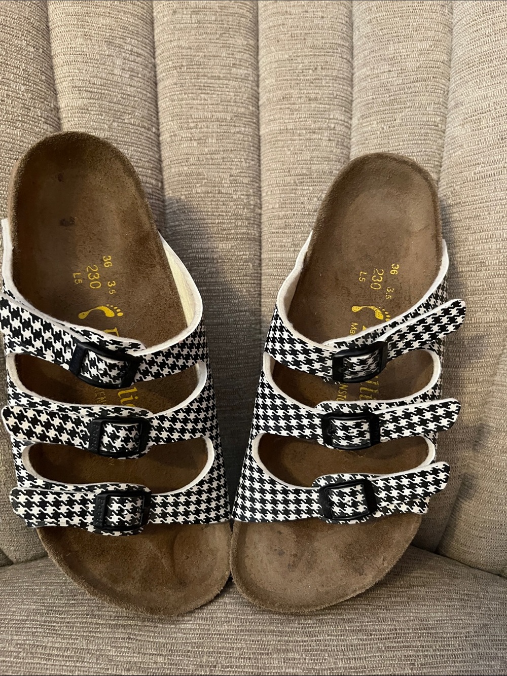 Birkenstock Women's Houndstooth Triple Strap Sandals in Black and White